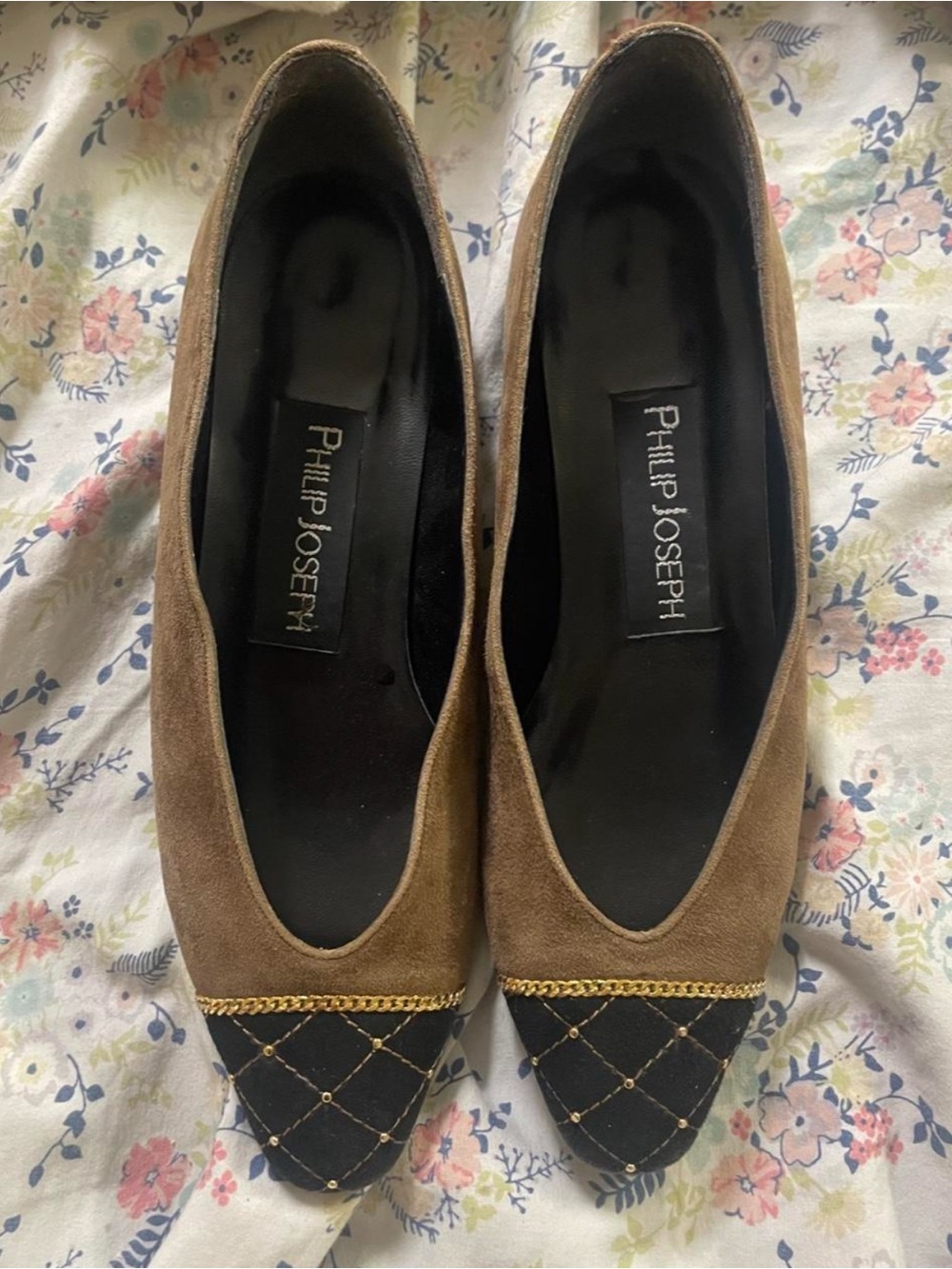 Vintage Philip Joseph Brown Suede leather Pointed-Toe Flat Quilted Black size 6